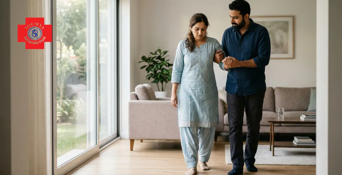 husband helping wife walk after surgery recovery
