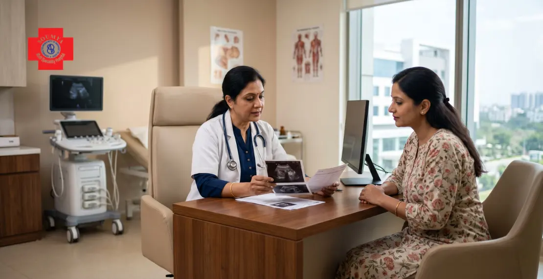 Gynecologist reviewing ultrasound and reports for hysterectomy evaluation