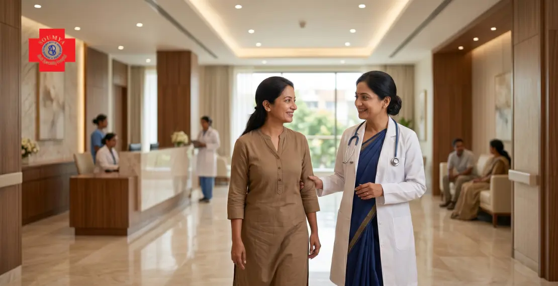 Gynecologist guiding woman patient in premium hospital